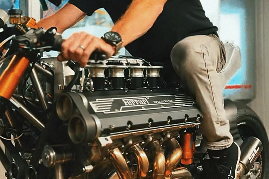 il a greffé un moteur ferrari sur une moto et le résultat est totalement dément 1
