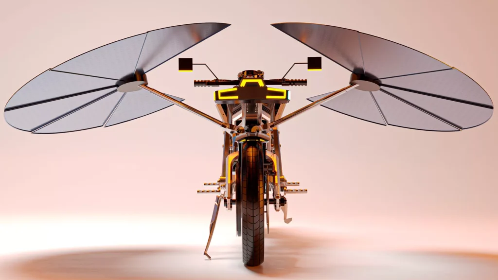 cette moto se recharge sans prise des “ailes” solaires se déploient autour d’elle et la transforment en mini centrale autonome 6
