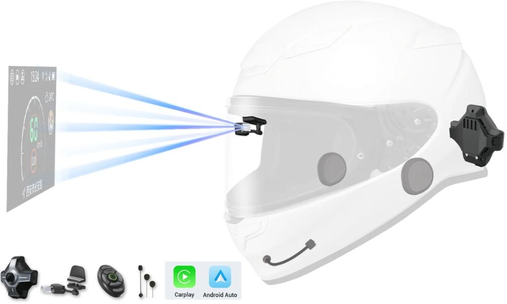 au japon, ce gadget transforme chaque casque en cockpit de chasseur hud devant l’œil, caméra arrière et carplay sans changer de casque 1