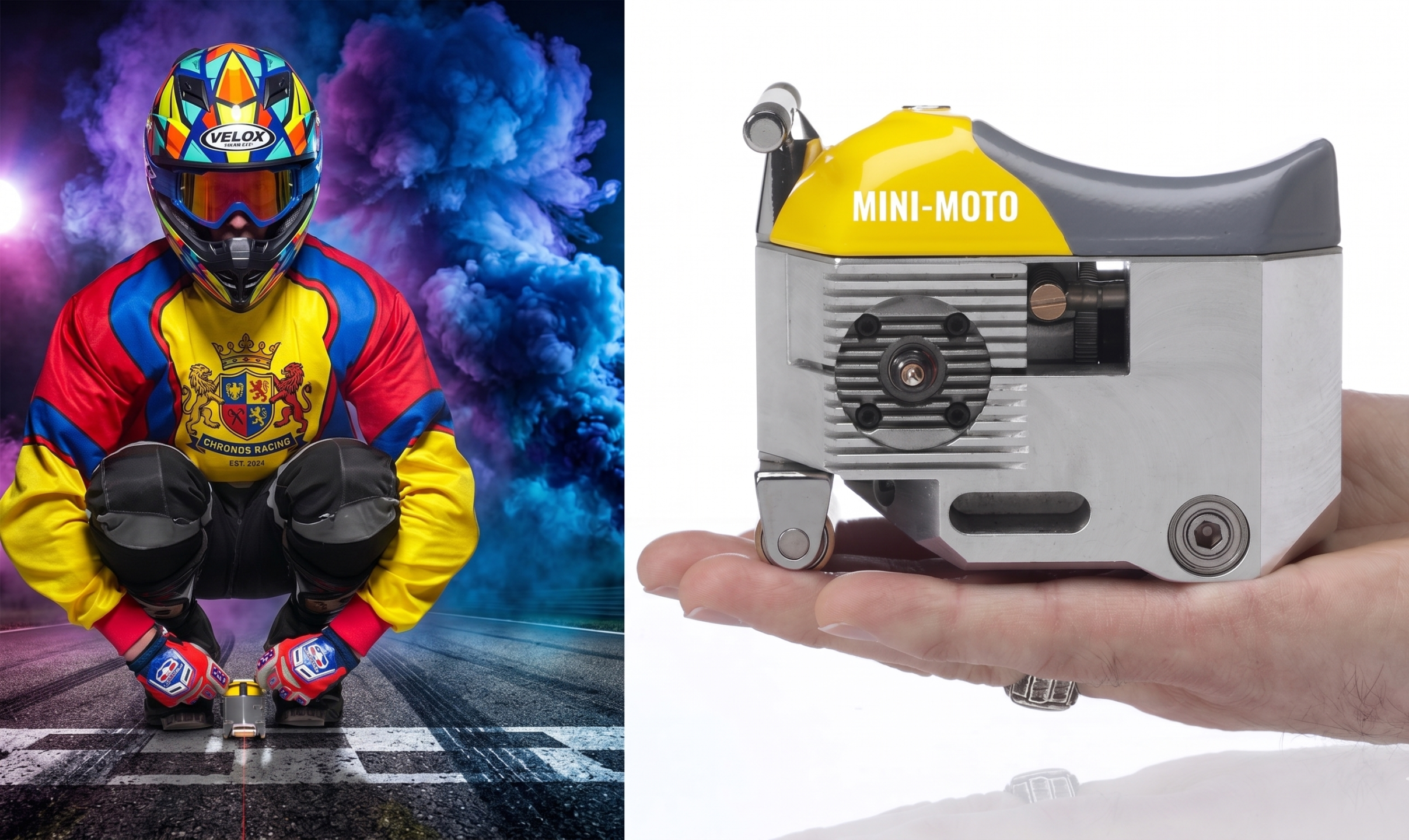 Tom Wiberg à genoux pilotant la Smalltoe, casque intégral sur la tête, genoux au sol, la moto minuscule entre ses jambes